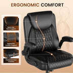 Gtplayer Leather Office Chair, Home Desk Chair With Flip-Up Arms And Ergonomic Back - Comfy Heavy Duty Executive Chair For Home Office Gaming, Black