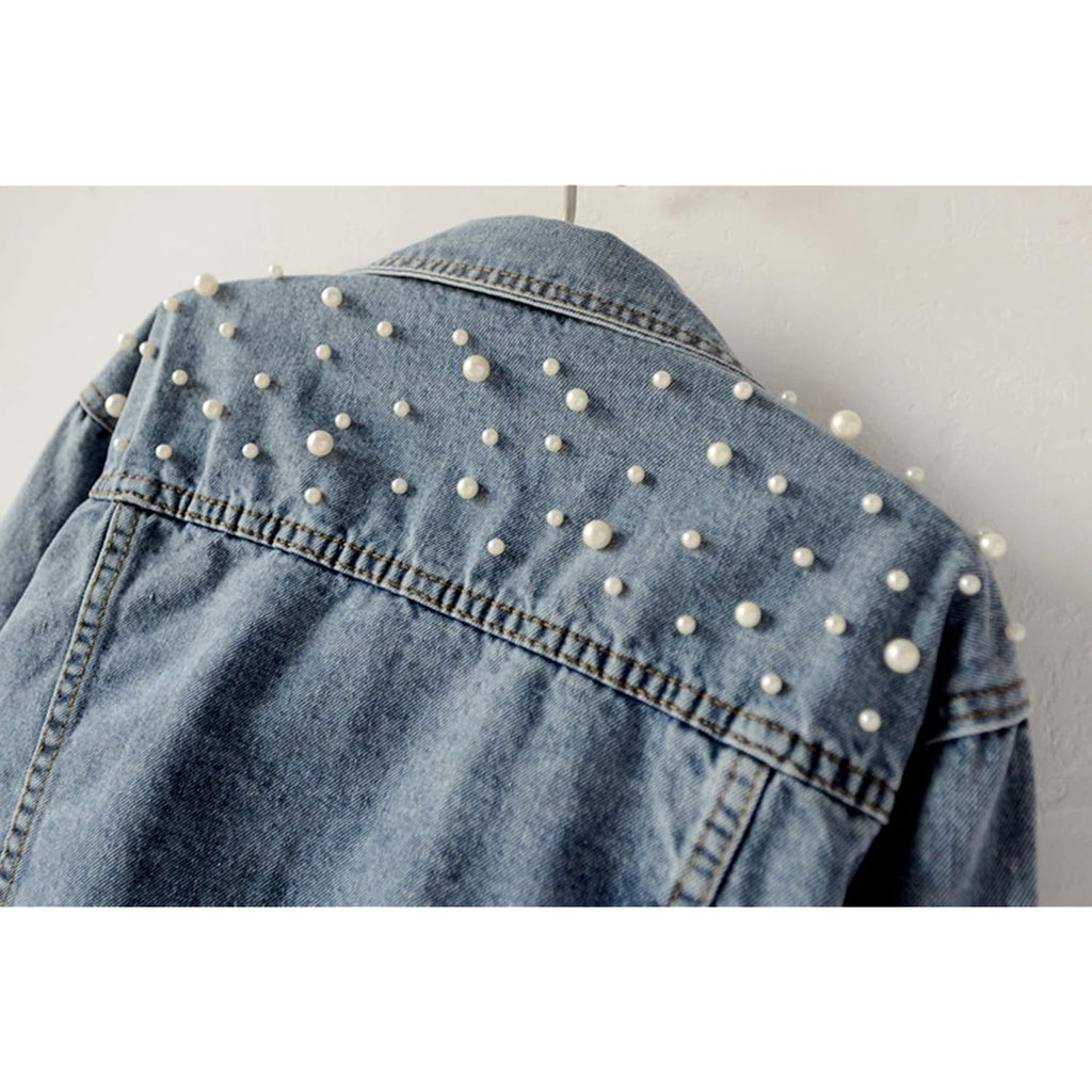 Women Oversized Denim Jacket Embroidered Pearls Beading Jeans Coat