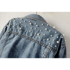 Women Oversized Denim Jacket Embroidered Pearls Beading Jeans Coat
