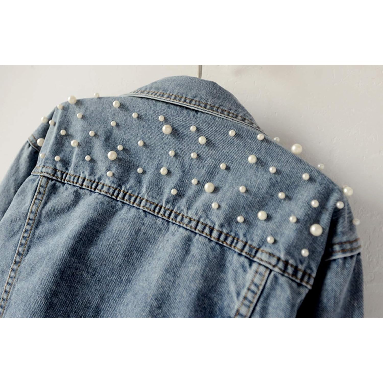 Women Oversized Denim Jacket Embroidered Pearls Beading Jeans Coat