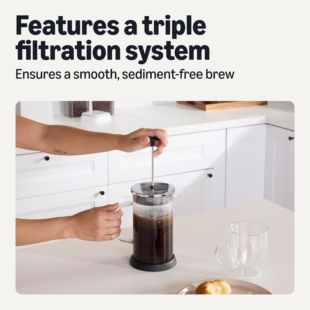 Amazon Basics French Coffee Press, 34 Oz., Borosilicate Glass, Bpa-Free, Triple Filtration System, Dishwasher-Safe Parts
