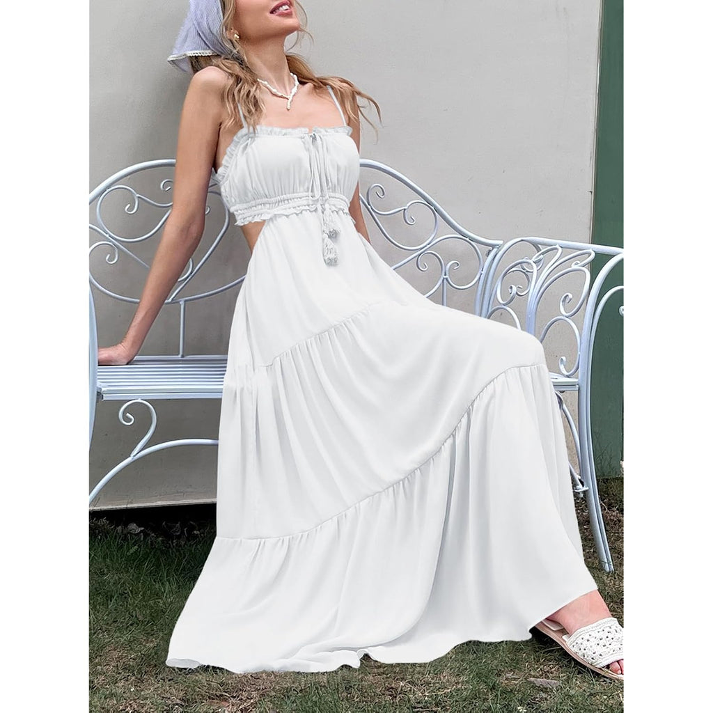Fisoew Women'S Spaghetti Strap Maxi Dress Summer Sleeveless Side Cut Out Dress Casual Boho Backless Flowy Long Dresses