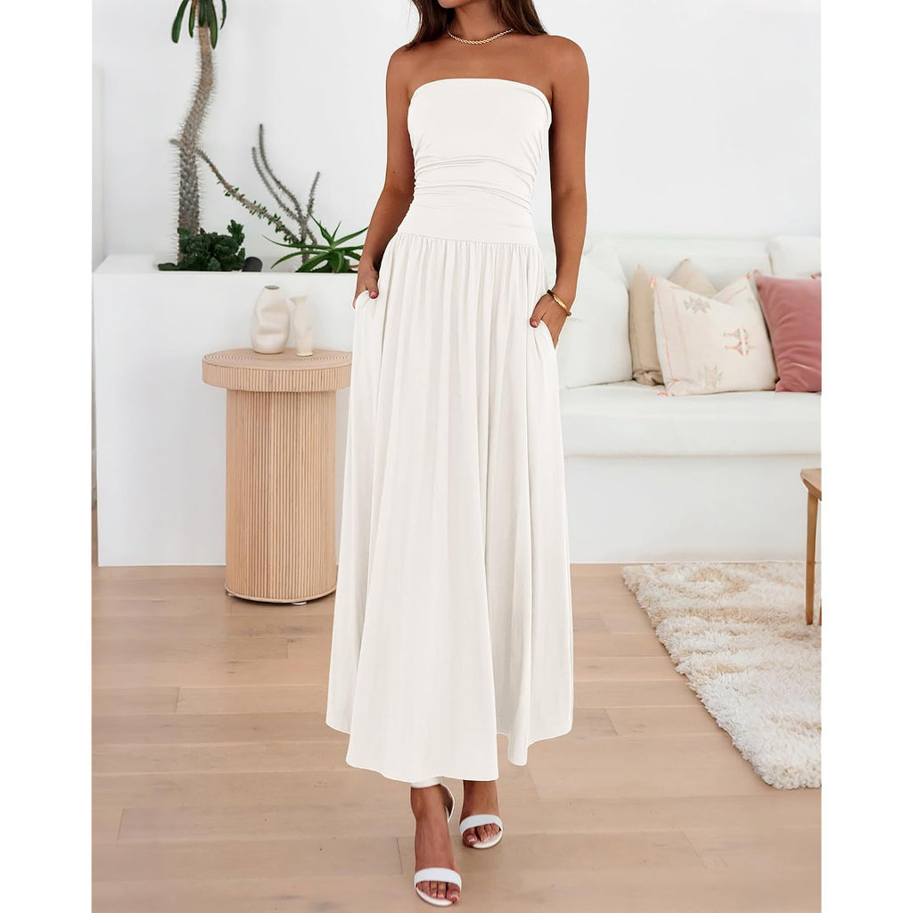 Btfbm Summer Maxi Dresses For Women 2026 Strapless Ruched Tube Top Beach Vacation Spring Wedding Guest Dress Pockets