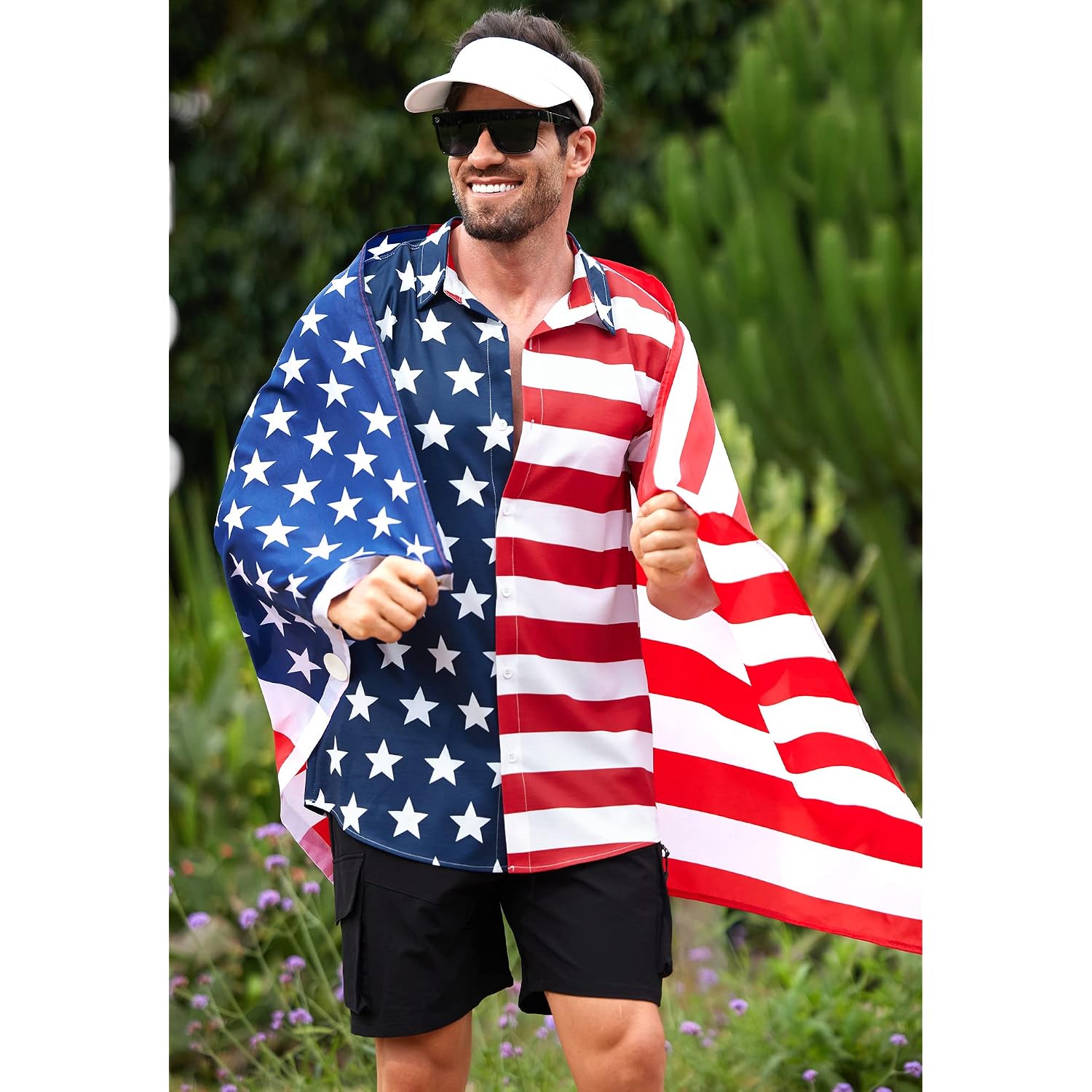 Men American Flag Button Shirt 4Th Of July Short Sleeve Shirts (S-3Xl)