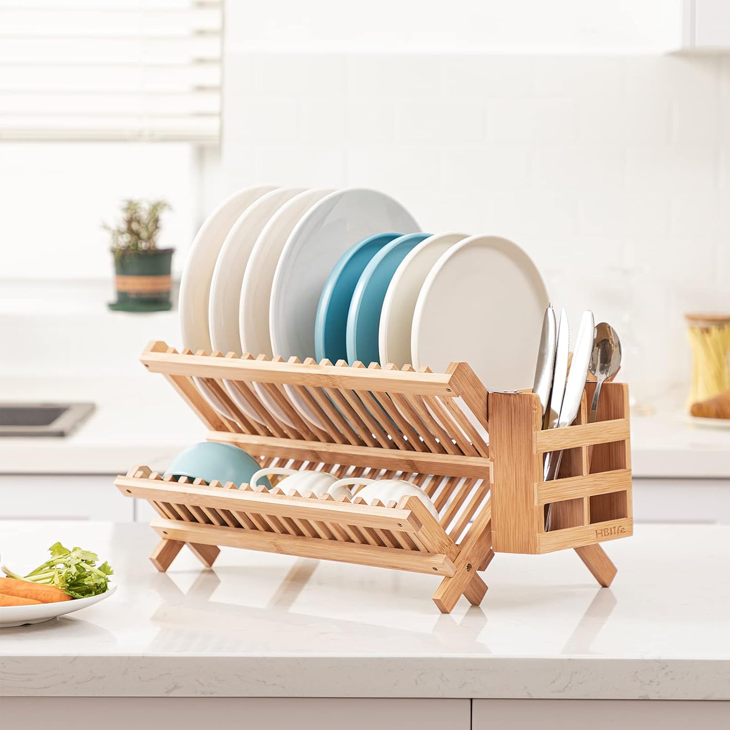 Hblife Dish Rack, Bamboo Folding 2-Tier Collapsible Drainer Dish Drying Rack With Utensils Flatware Holder Set (Dish Rack With Utensil Holder)