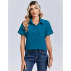 Women Blouses Short Sleeve Button Down Shirts Business Casual Dressy Work Tops Summer Spring Clothes