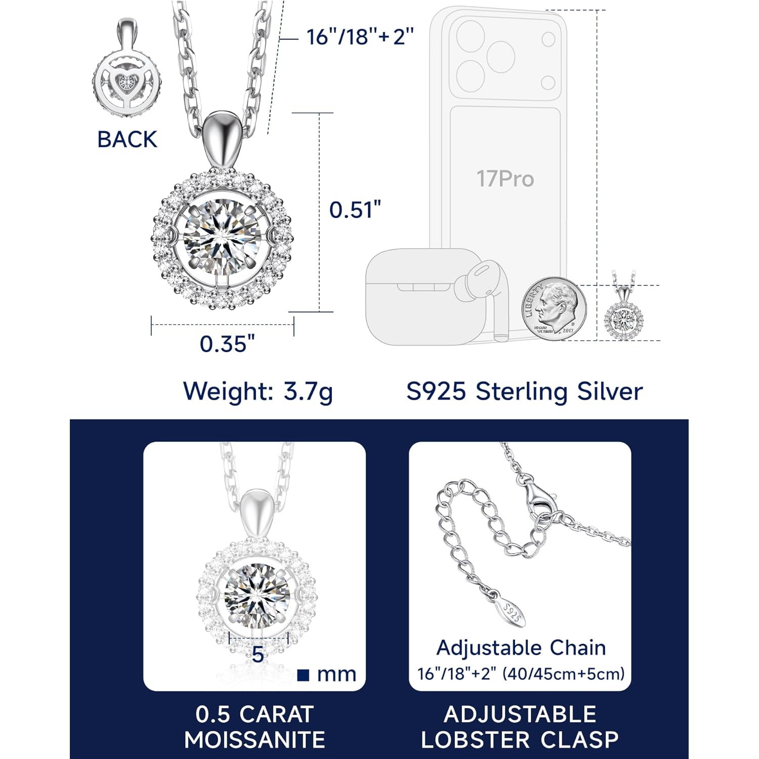 MomentWish 925 Sterling Silver Moissanite Necklace for Women D Color VVS1 Dancing Moissanite Necklaces Fashion Jewelry for Women Anniversary Gifts（0.5/1Carat）