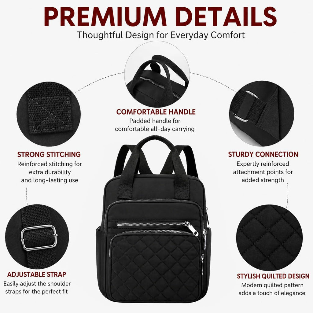 Small Backpack For Women Casual Quilted Square Bag Waterproof Multi Pockets Daypack Lightweight Top Handle Satchel