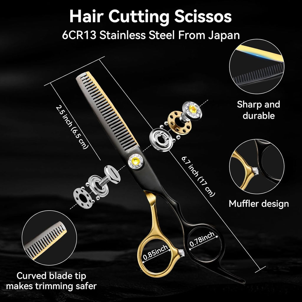 Japanese 6Cr13 Stainless Steel Hair Cutting Scissors Kit, 6” 21-Pcs Barber Scissors Set with Thinning Shears, Sharp No-Pull Blades for Barbers, Cosmetology Students & Home Use