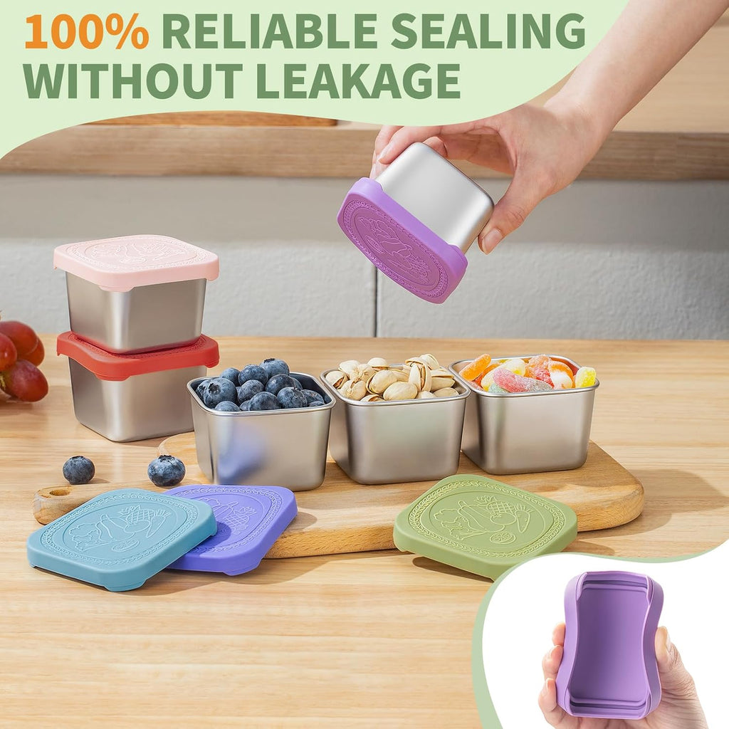 6 Oz Stainless Steel Snack Containers For Kids - 6 Pack Metal Food Containers With Lids Silicone Easy Open 100% Leak Proof Bpa Free Reusable Baby Lunch Box For Daycare Travel And Office