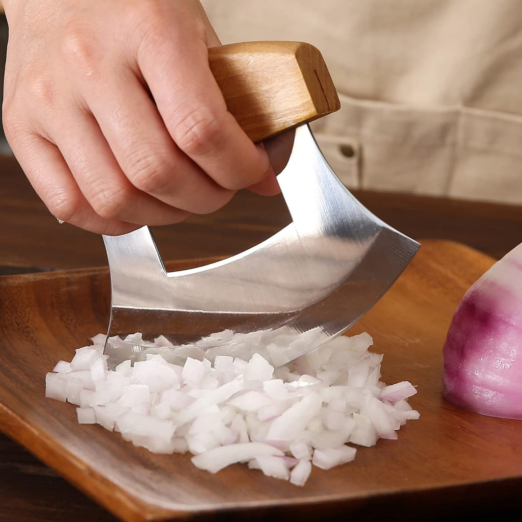 5Inch Alaskan Mezzaluna Ulu Knife, Salad Veggies Rocker Chopper Slicer Cutter Hashing Chopping Mincing Cleaver With Wooden Stand Arthritic Tool | Chopping Mincing Knife With Wooden Stand Arthritic Cutting Tool 5X4In