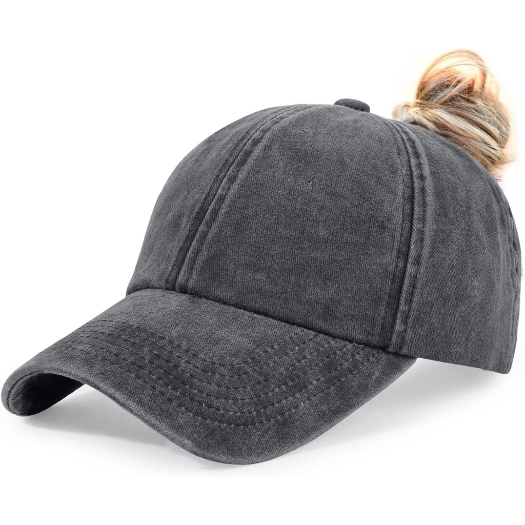 HH HOFNEN Ponytail Hats Womens Washed Distressed Baseball Cap High Ponycaps Cotton Dad Hat with Ponytail Hole #1 Black