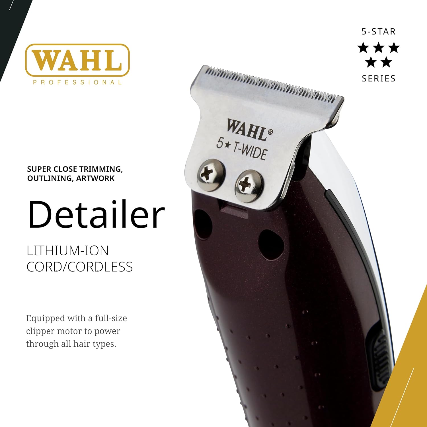 Wahl Professional 5 Star Cordless Detailer Li Trimmer T Wide Blade, Lithium-Ion Battery 100 Min Runtime For Hair & Beard, With Charging Stand