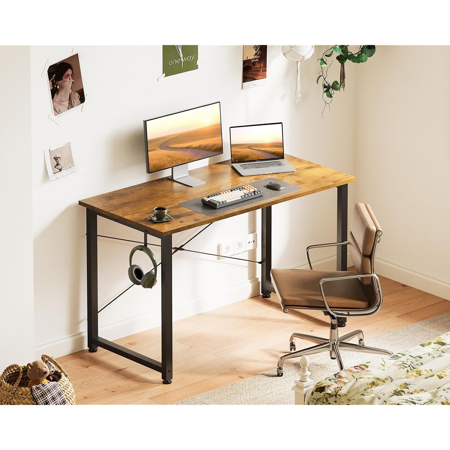 Casaottima 40 Inch Small Computer Desk For Home Office, Study Writing Table For Small Spaces, Simple Modern Desk With Headphone Hooks, Vintage