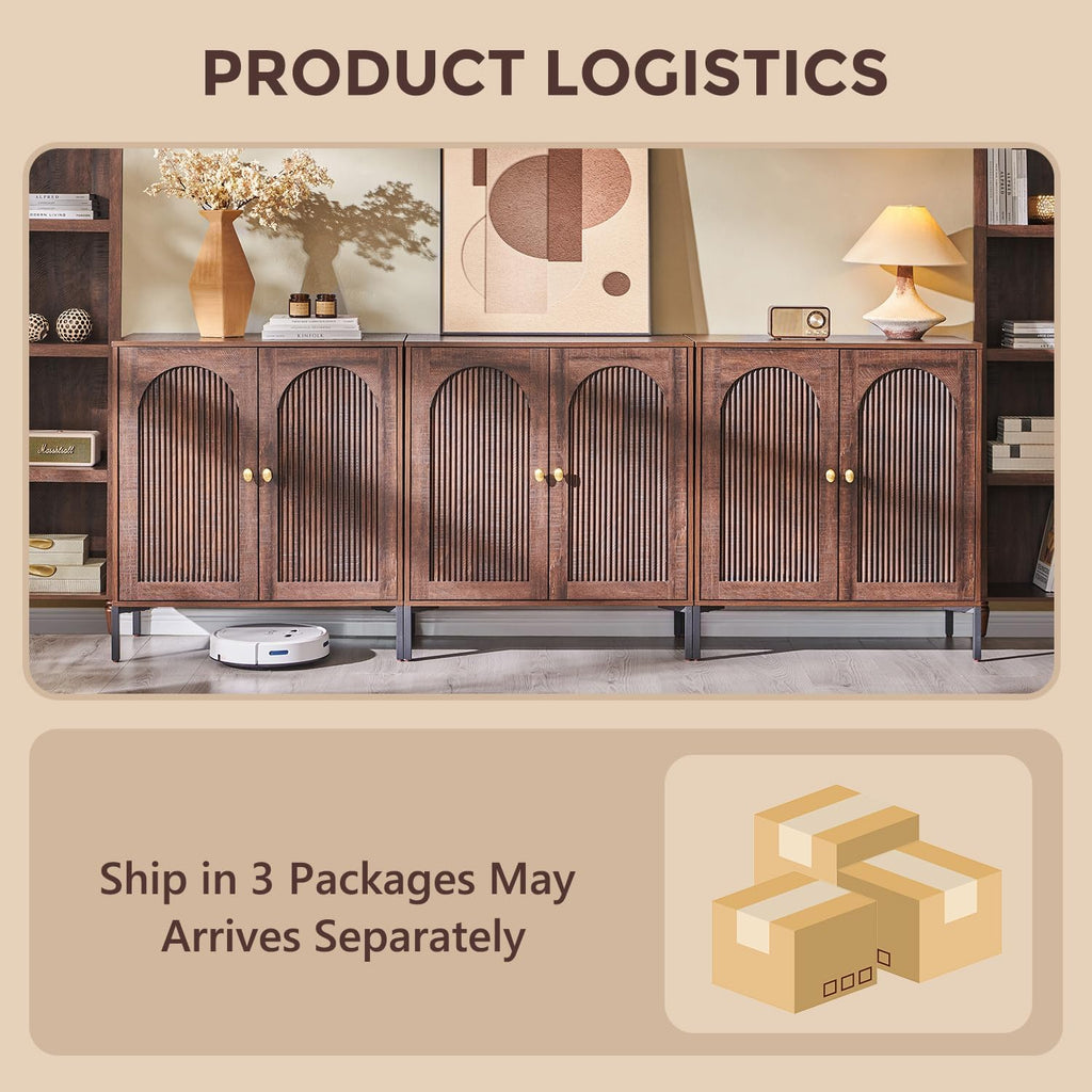 Ifget Modern Buffet Cabinet With Storage, 92.63" W Fluted Arched Sideboard Cabinet W/Adjustable Shelves, Wooden Modular Coffee Bar For Dining Room, Kitchen, Living Room, Entryway, Brown