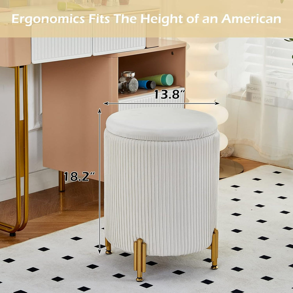 Round Ottoman Foot Stool With Storage And Metal Legs For Living Room Bedroom, Velvet Upholstered Footrest Stool Support 300Lbs Modern Padded Seat Ottoman Coffee Table (Cream)