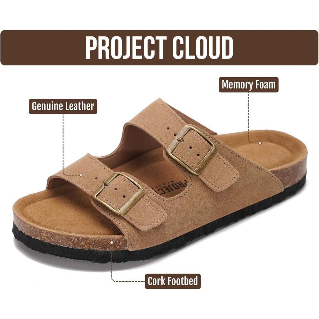 Project Cloud 100% Genuine Leather Flat Sandals For Women 2026 Cork Footbed Womens Sandals With Memory Foam And Arch Support Vacation Essentials Slides For Women Footwear (Venita)