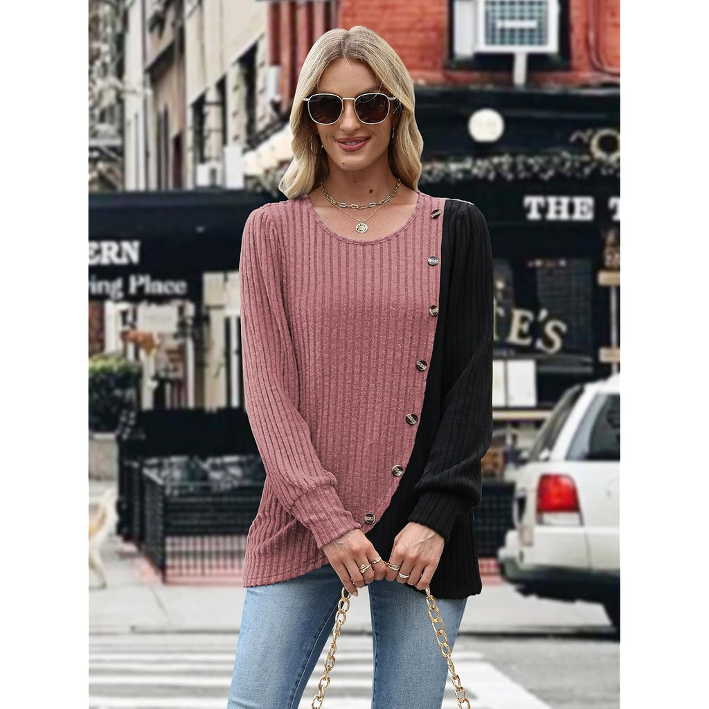 MixShe Womens Knit Sweaters 2026 Fall Winter Casual Long Sleeve Ribbed Colorblock Button Pullover Tops