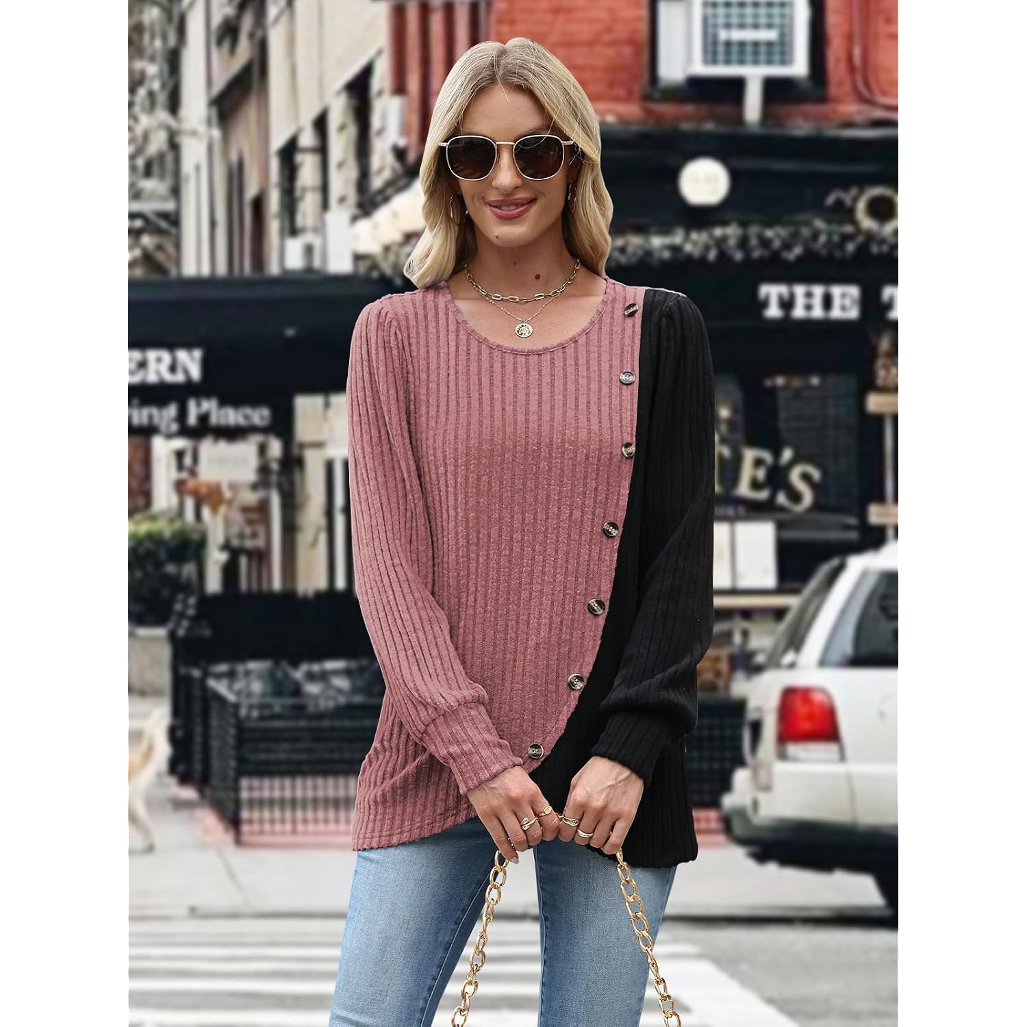 MixShe Womens Knit Sweaters 2026 Fall Winter Casual Long Sleeve Ribbed Colorblock Button Pullover Tops