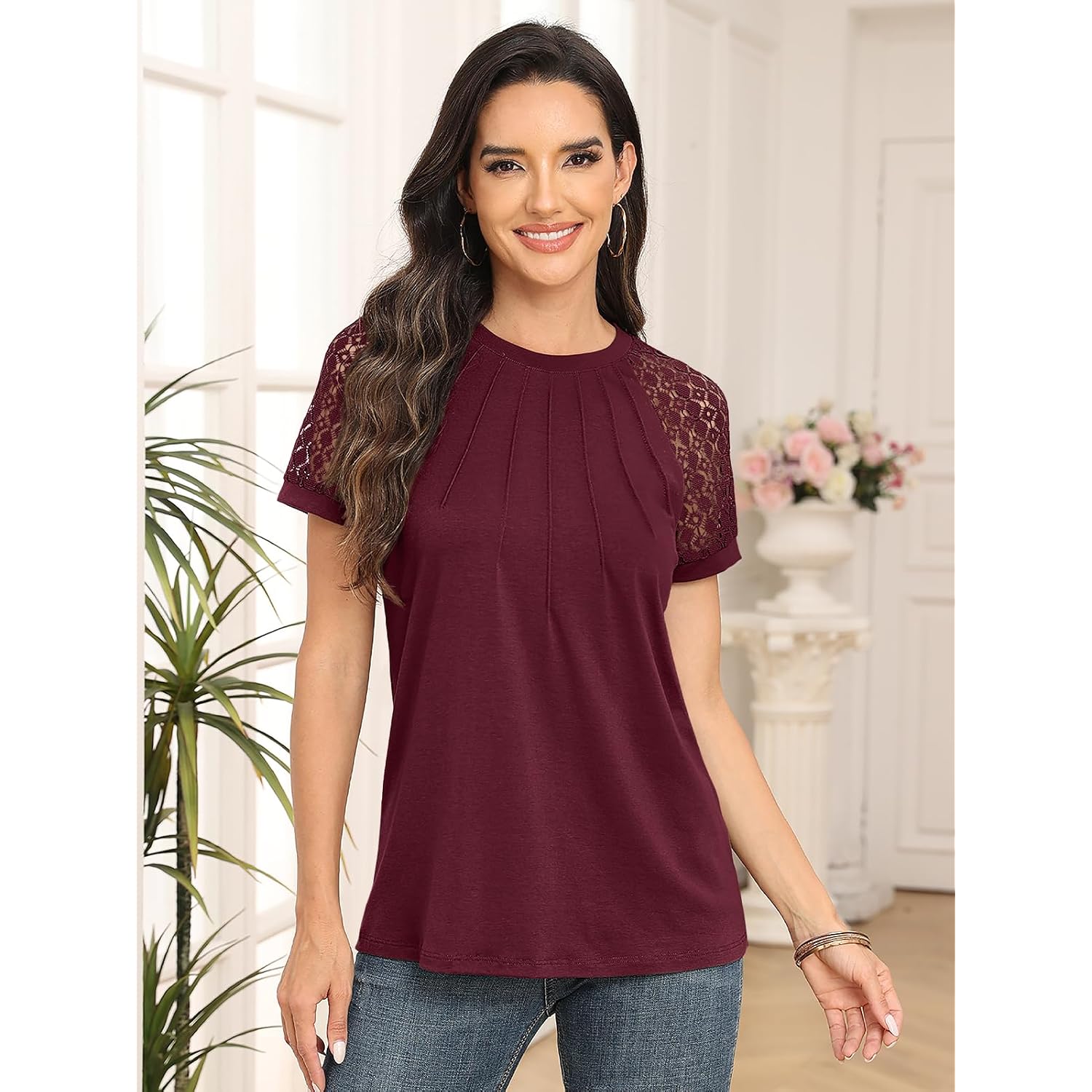 Automet Women'S Lace Short Sleeve Tops - Pleated Business Casual Work Shirts For Summer