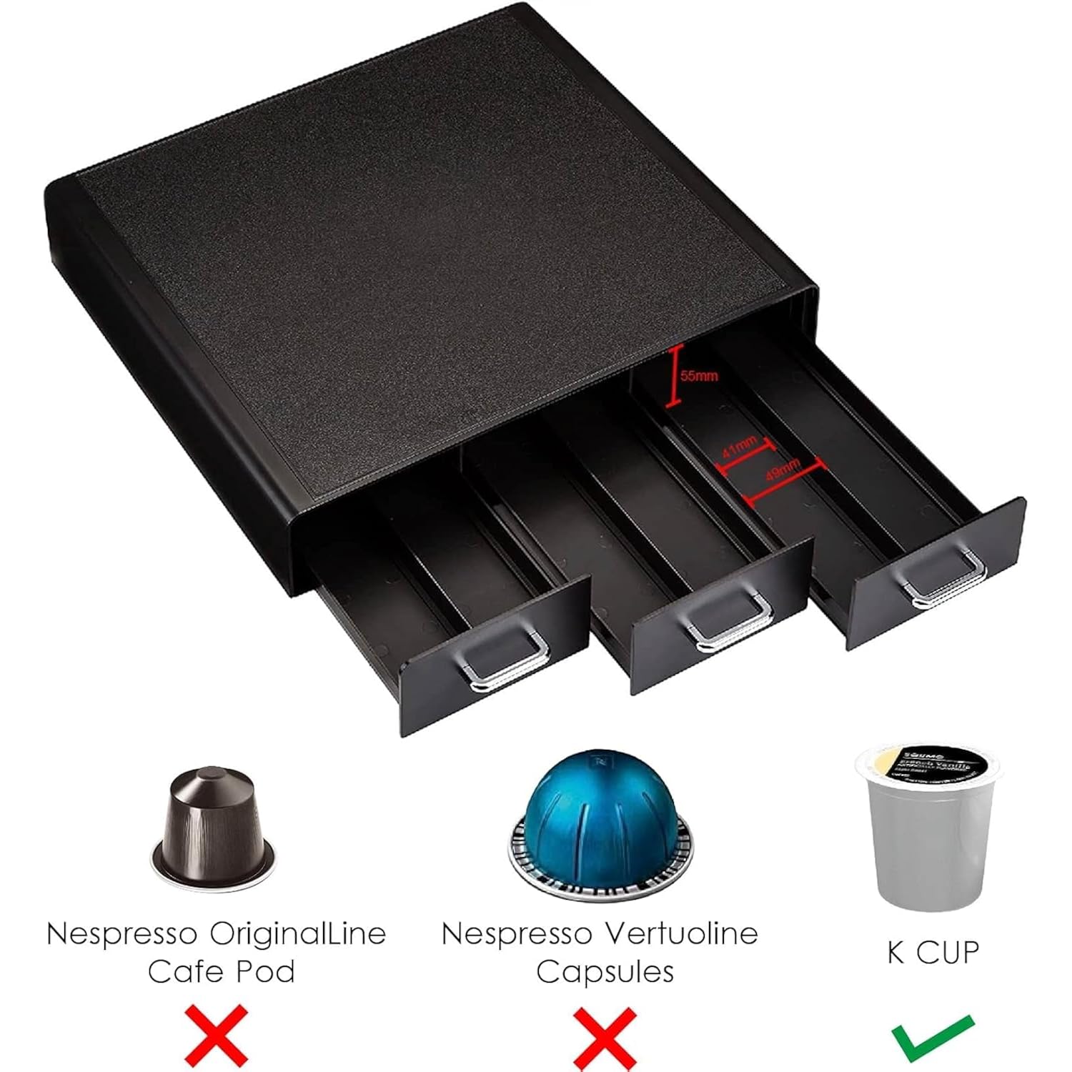 Amazon Basics K-Cup Compatible Coffee Pod Storage Drawer, 3 Easy-Open Drawers, 36 Pod Capacity, Black