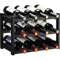 Vasmia Bamboo Wine Rack, Sturdy And Durable Wine Storage Cabinet Shelf, Wine Racks Countertop For Pantry,Kitchen,3-Tier 12 Bottles Wine Rack Black