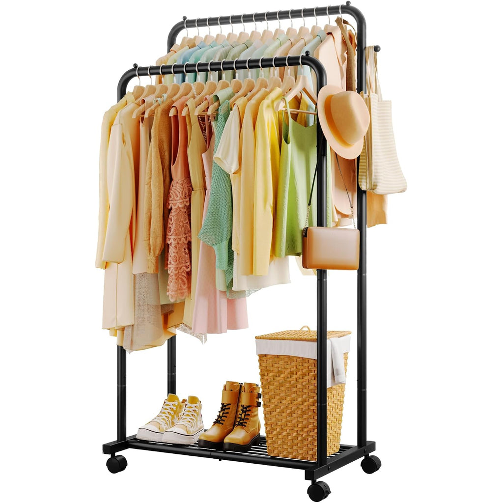 Clothes Rack - Double Rods Clothing Rack With Mesh Shelf, Hooks & Wheels, Metal Clothing Racks For Hanging Clothes & Bags, Multifunctional Garment Rack For Laundry, Black, 28.7" X 16.5" X 59.1"