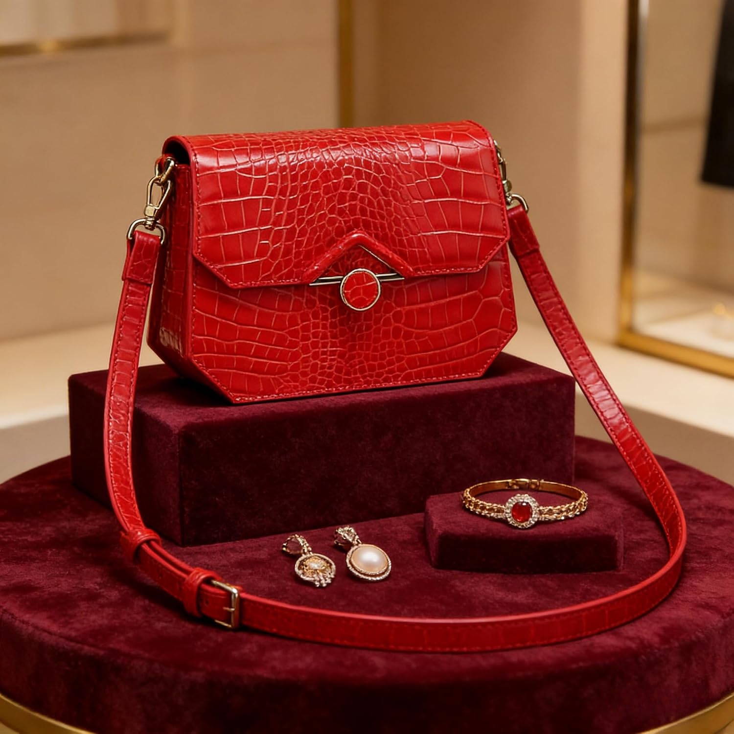 Genuine Leather Retro Vintage Look Shoulder Bag Women Underarm Bag With Crocodile Print Gifts For Women