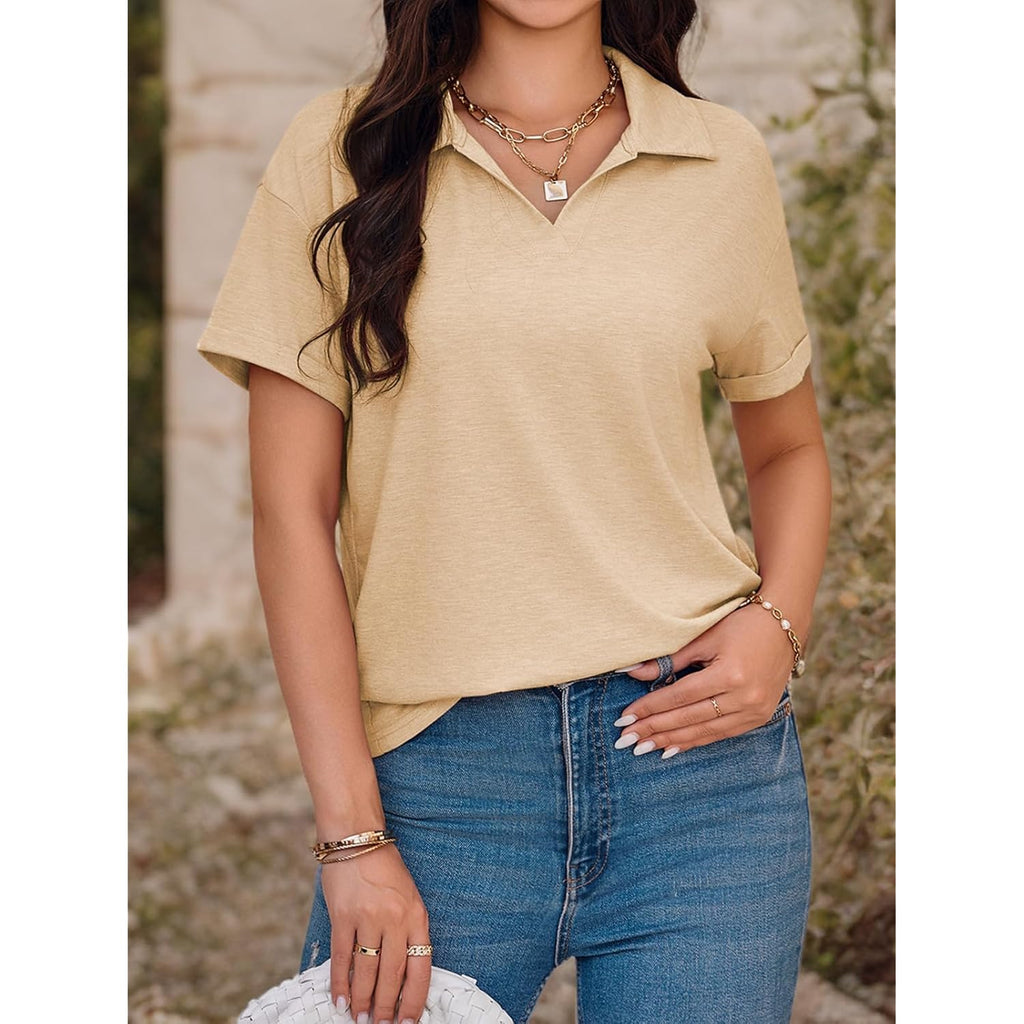 Womens Short Sleeve Polo T Shirts Summer Business Dressy Casual Tops Work Collared V Neck Basic Tees