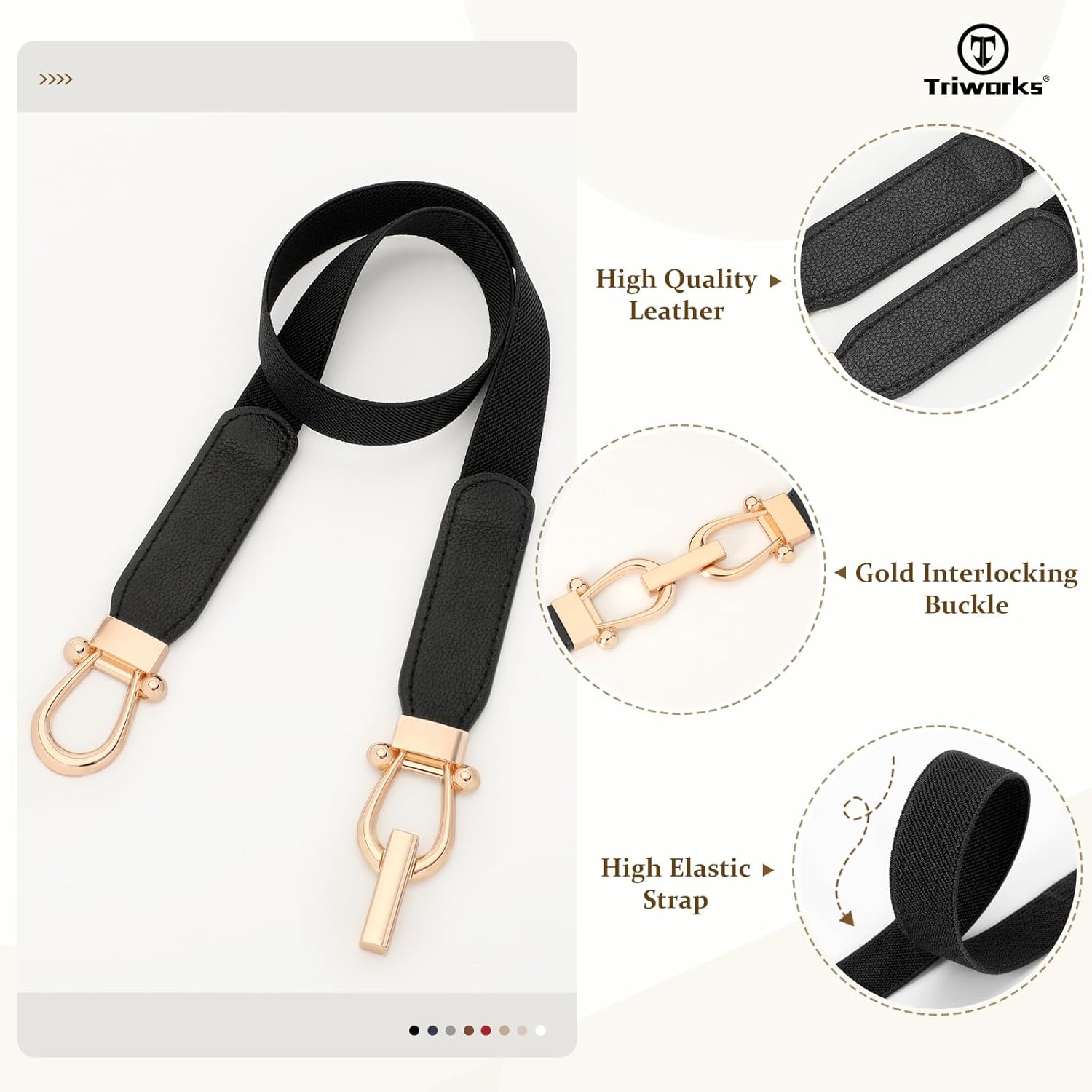 TRIWORKS 4 Pack Women Skinny Elastic Belts Gold Buckle Thin Stretchy Waist Belts for Dresses