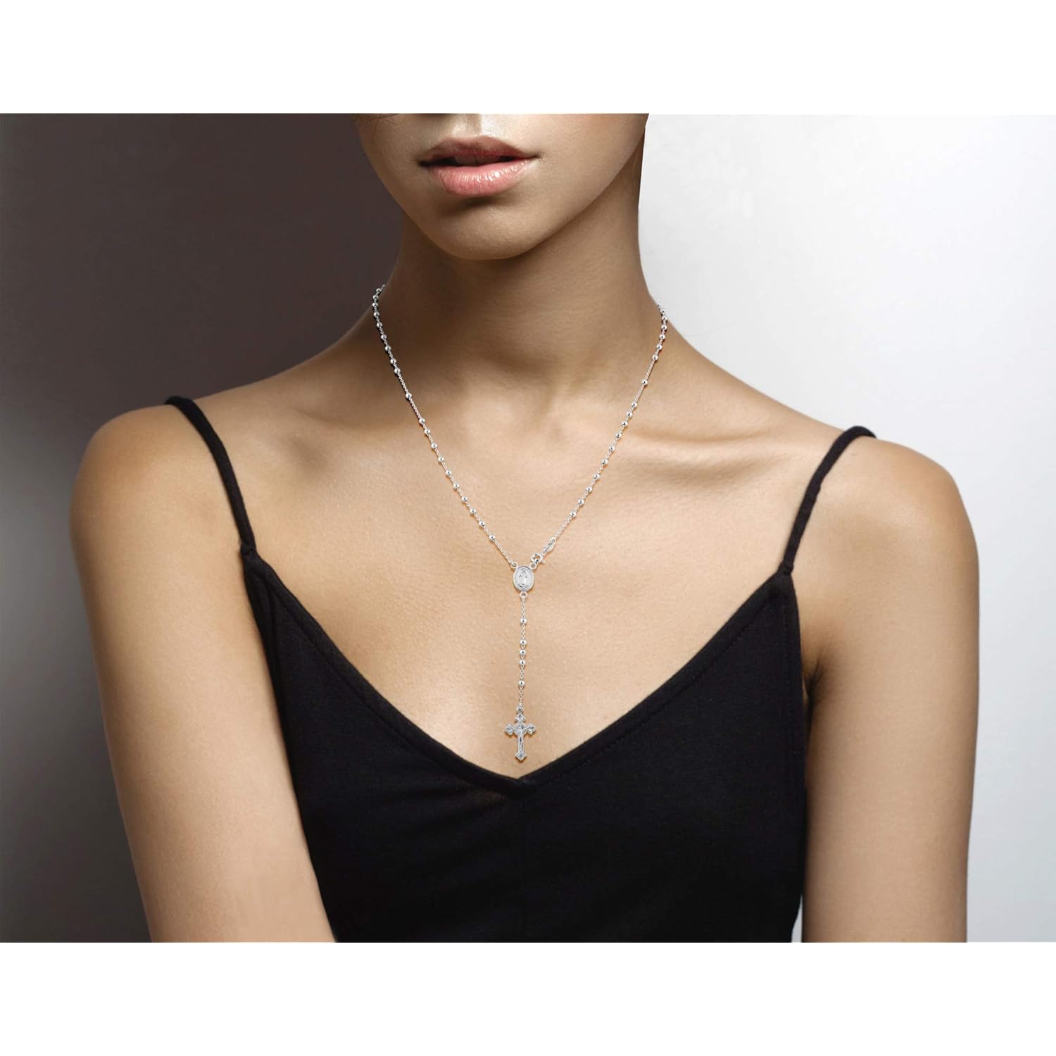 Miabella Italian 925 Sterling Silver or 18K Gold Plated Rosary Bead Cross Y Necklace Chain for Women