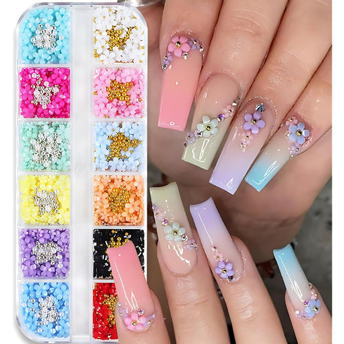12 Grid 3D Flowers Nail Charms Acrylic Colorful Flowers Nail Art Rhinestones Gold and Silver Pearl Designs White Pink Floral Nail Supplies DIY Manicure Accessories for Women Decorations