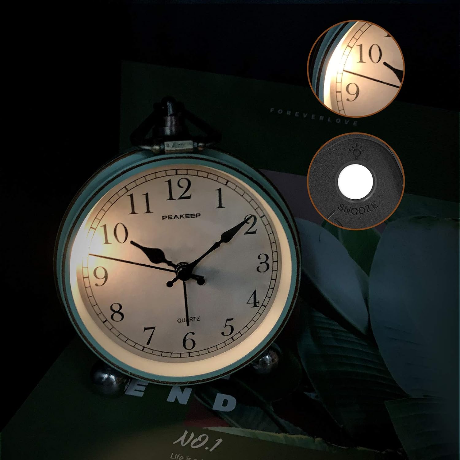 Peakeep 4" Small Battery Operated Antique Retro Analog Alarm Clock | With Contour Lines In Gold For Room Decor, Silent Elegant Bedside Desk Table Gift Clock
