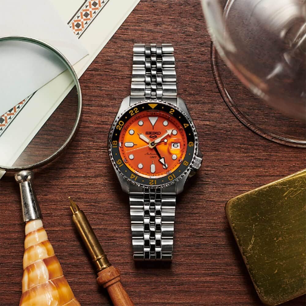 Seiko Ssk005 Automatic Watch For Men - 5 -Sports - Orange Dial With Date Calendar And Luminous Hands & Markers And Gray Gmt Bezel, 100M Water-Resistant