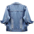 Womens 3/4 Sleeve Short Denim Jacket Lapel Button Down Cropped Trucker Jean Jackets Coats