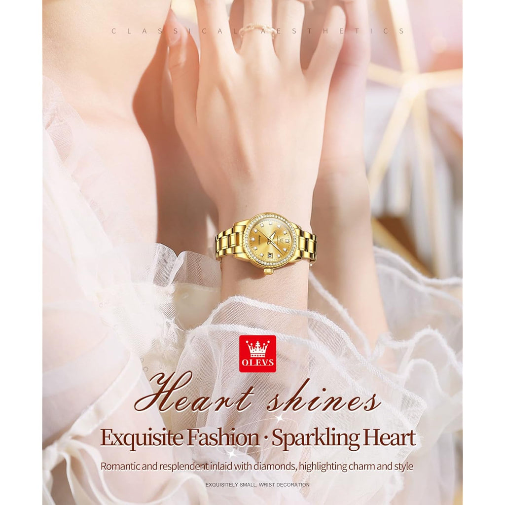 Olevs Womens Diamond Watches Automatic Mechanical Gold Luxury Dress Ladies Self Winding Original Stainless Steel Wrist Watch