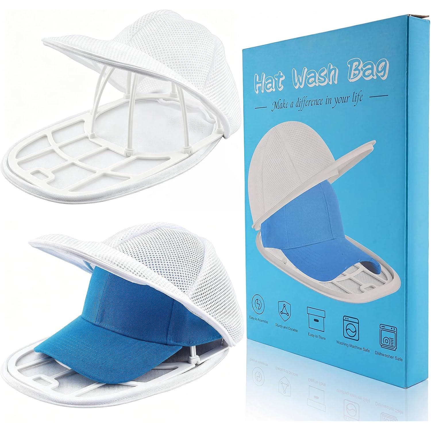 Eiito Hat Washer Cage Hats Cleaner, 4Pcs (2 Cages + 2 Bags) Hat Washer For Baseball Caps For Washing Machine Or Dishwasher, Ball Cap Washers Frame For Flat & Curved Hats, White