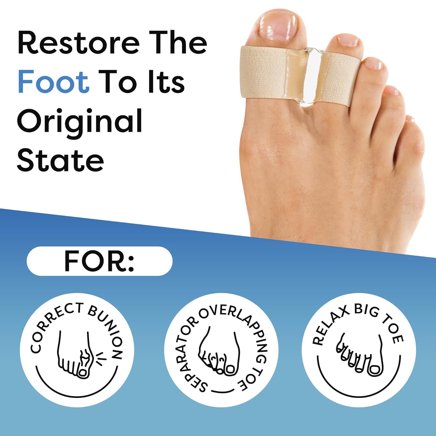 Big Toe Spacer/Corrector,Overlapping Toes, Bunion Pain Relief, Toe Alignment, Soft Silicone/Gel, 2 Loop,Day Night Wear,3 Sizes,Comfortable, Washable. (Beige, MIDDLE: WOMEN 9.5-11 /MEN 6.5-9)