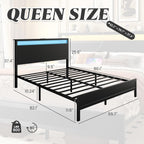 Fluest Queen Bed Frame with Headboard & Footboard, Bed Frame with Built-in Charging Station & LED Light, Storage Shelf, Noise-Free, No Box Spring Needed, Easy Assembly, Classic Black