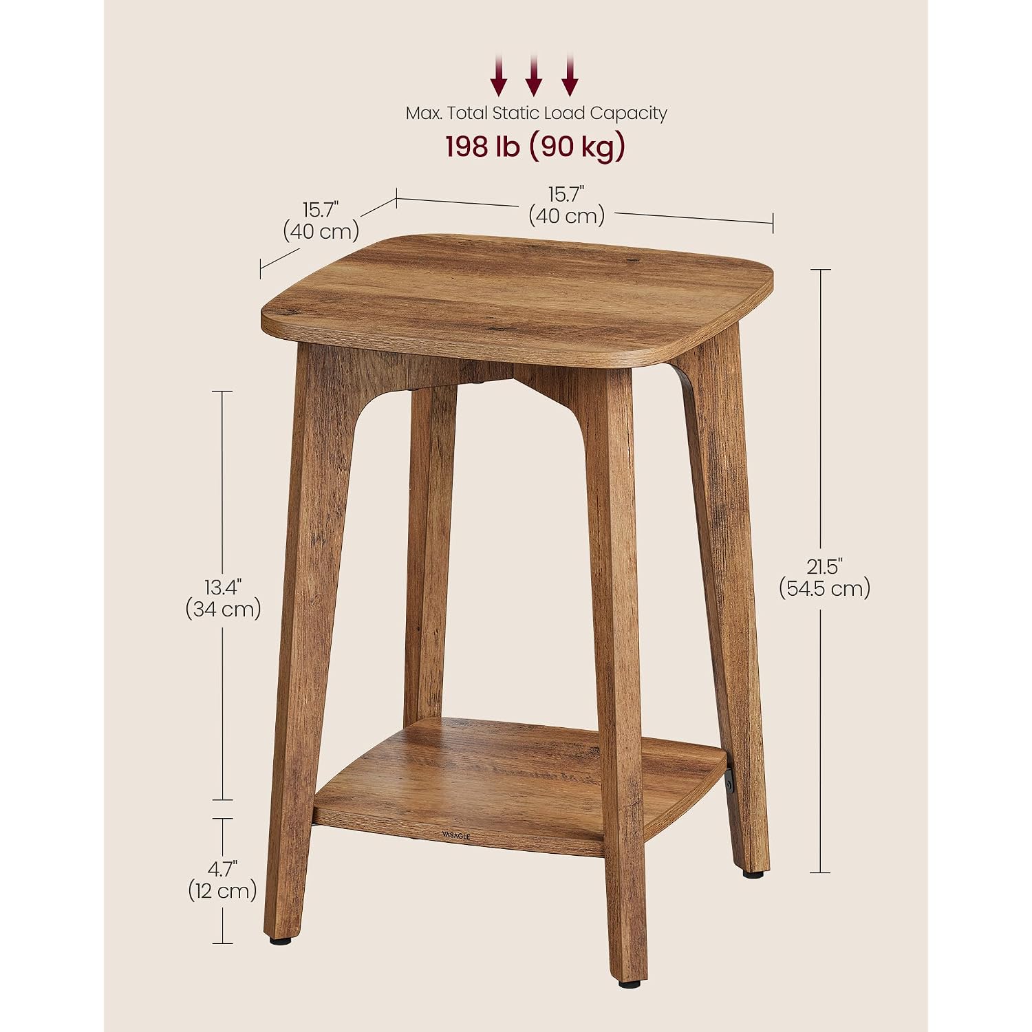 Vasagle Side Table, 2-Tier Small Square End Table, Nightstand | With Tapered Legs, Curved Transitions, Honey Brown, Maezo Collection, Ulet236K01