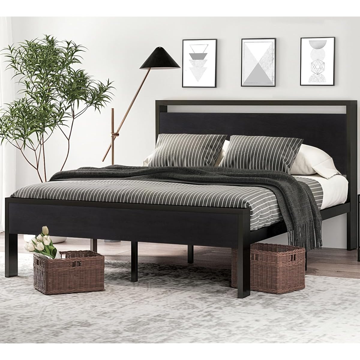 Sha Cerlin 14 Inch Queen Size Metal Platform Bed Frame With Wooden Headboard And Footboard, Mattress Foundation, No Box Spring Needed, Large Under Bed Storage, Non-Slip Without Noise, Black Oak