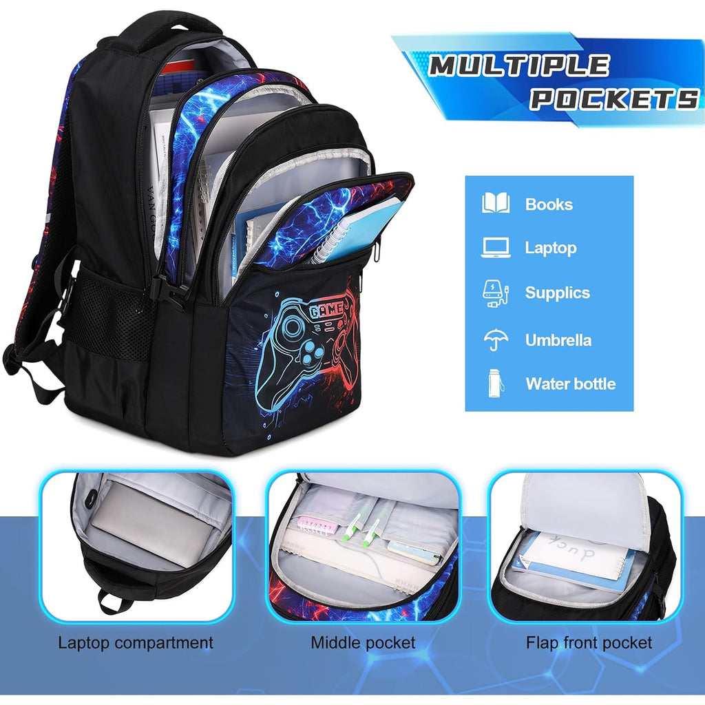 Boys Backpack For School, 3Pcs Cool Luminous Gamer Backpack For Boys With Lunch Box Pencil Case, Kids Backpacks Bookbag For Teen Boy Elementary Middle High School With Usb Charging Port