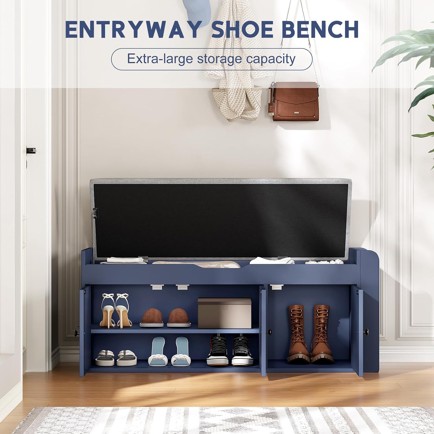 42.6" Storage Bench - Shoe Storage Bench With Side Storage Shelves And 3 Doors, Multifunctional Entryway Bench With Lift Top Cushion, Shoe Bench For Bedroom, Living Room, Entryway, Navy Blue