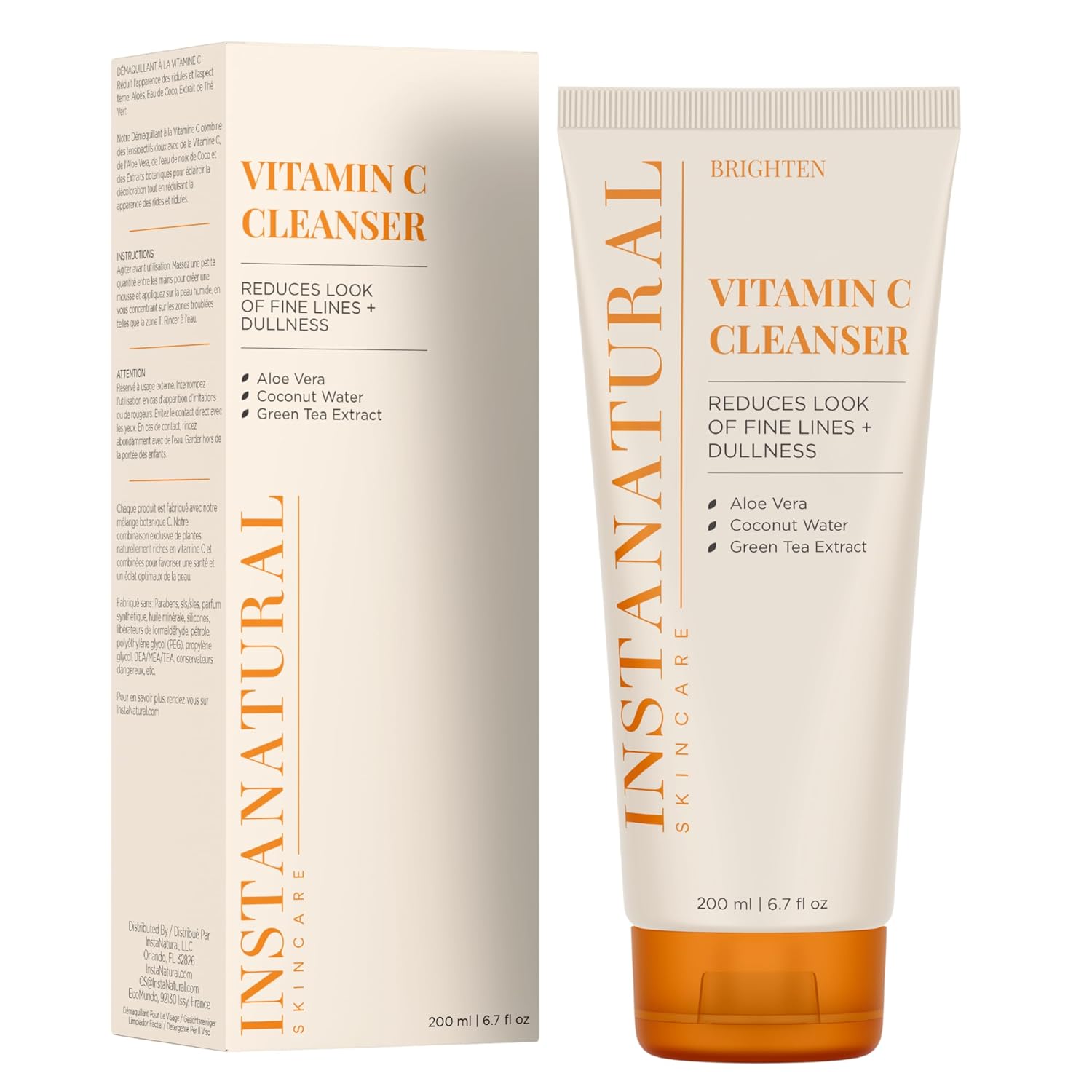 Instanatural Vitamin C Cleanser | All Natural Face Wash, Brightens Skin, Good For Uneven Texture, Usa Made With Coconut Water And Aloe Vera, 6.7 Fl Oz