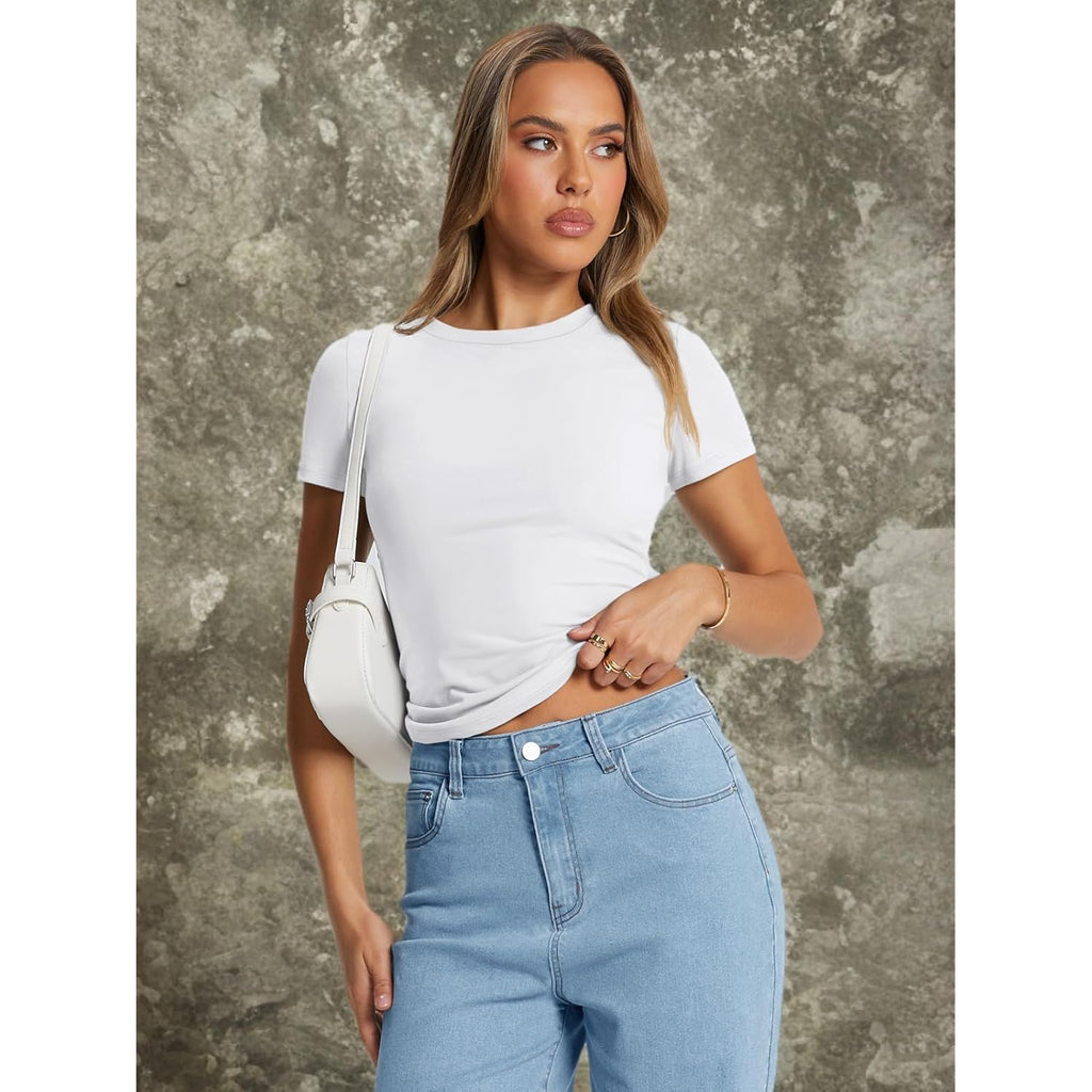 Womens Basic T Shirts - Stretchy Soft Slim Fit Short Sleeve Y2k Cute Summer Crop Workout Tops
