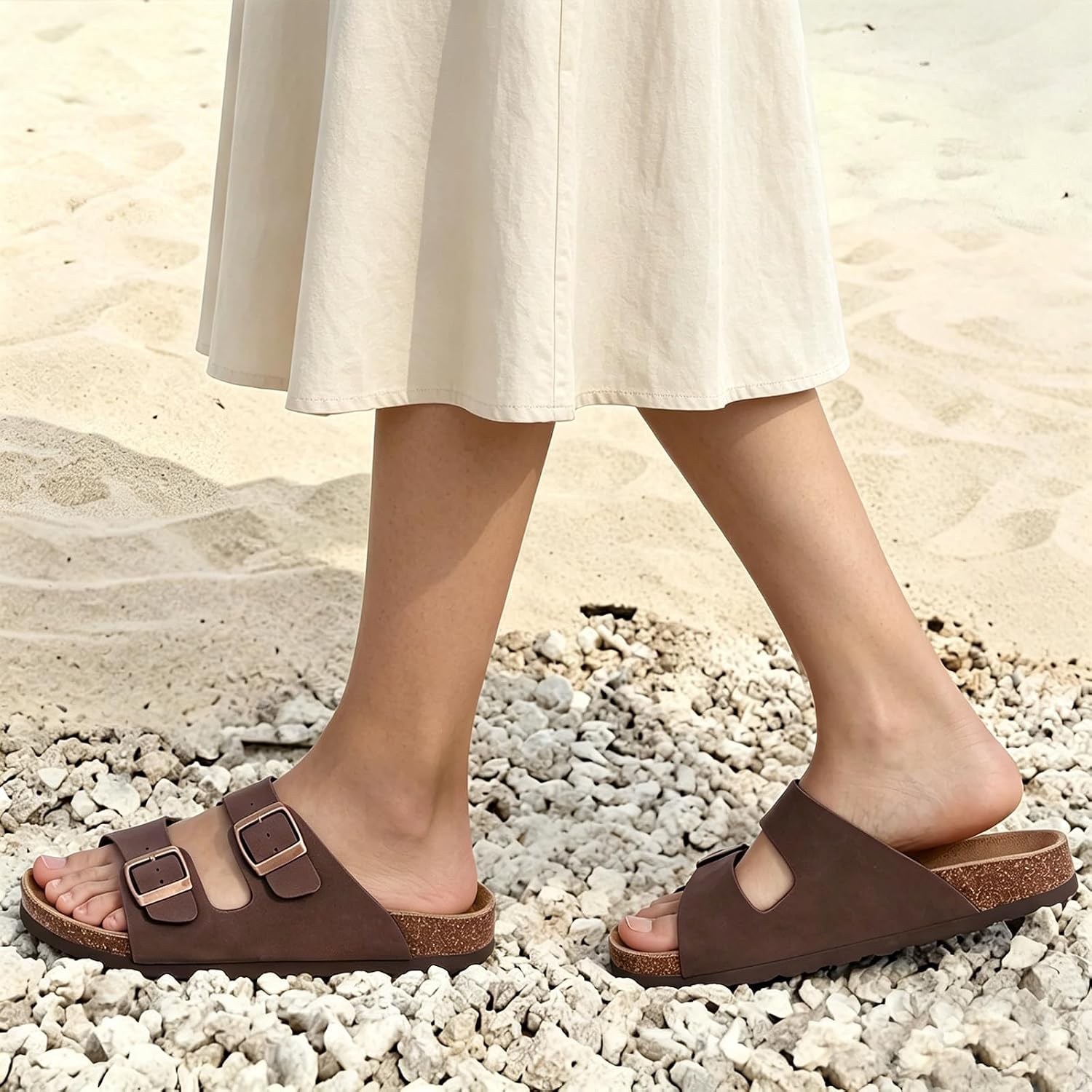 Odoly Unisex Comfortable Cork Footbed Slide Sandals With Arch Support | Adjustable Buckle, Lightweight Summer Sandals For Travel And Everyday Wear