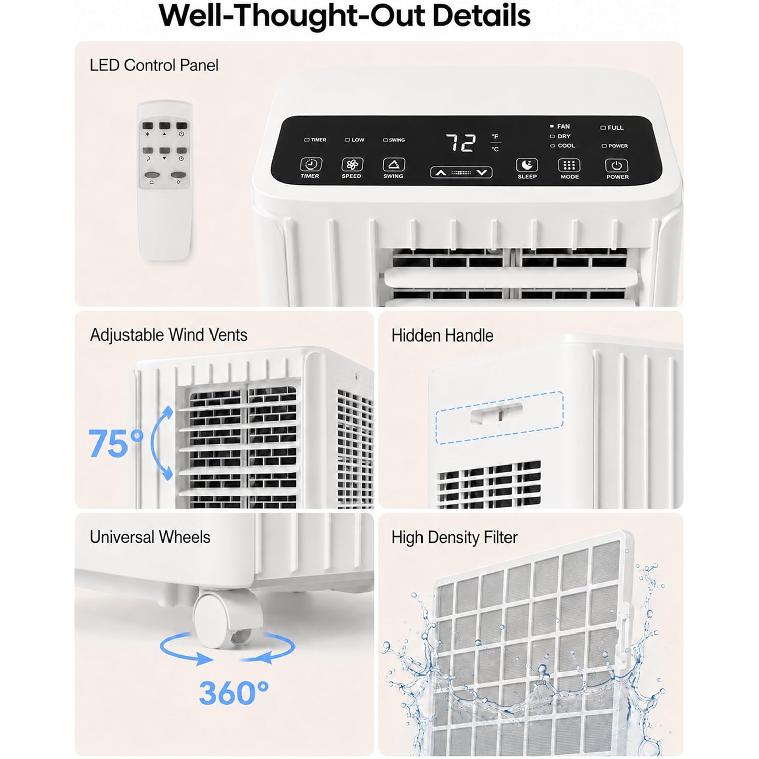 8,000 Btu Portable Air Conditioners, Cools Room Up To 350 Sq.Ft, 4-In-1 Ac Unit With Dehumidifier & Fan Mode, Remote Control, Ultra-Quiet 50Db, White & Black, Easy Window Kit