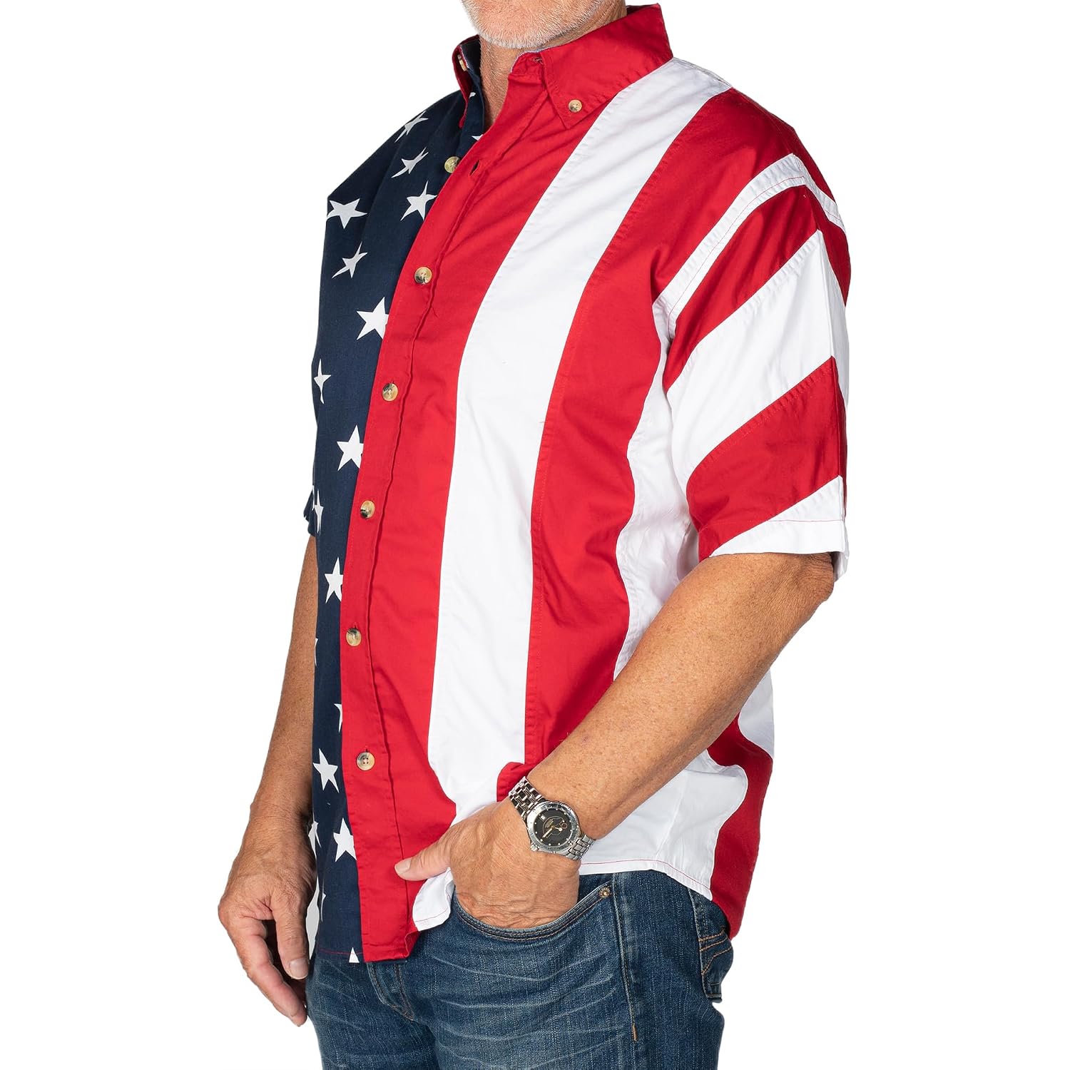 Flagshirt Men'S Half Stars Half Stripes American Flag Shirt - Button-Up, Red, White & Blue