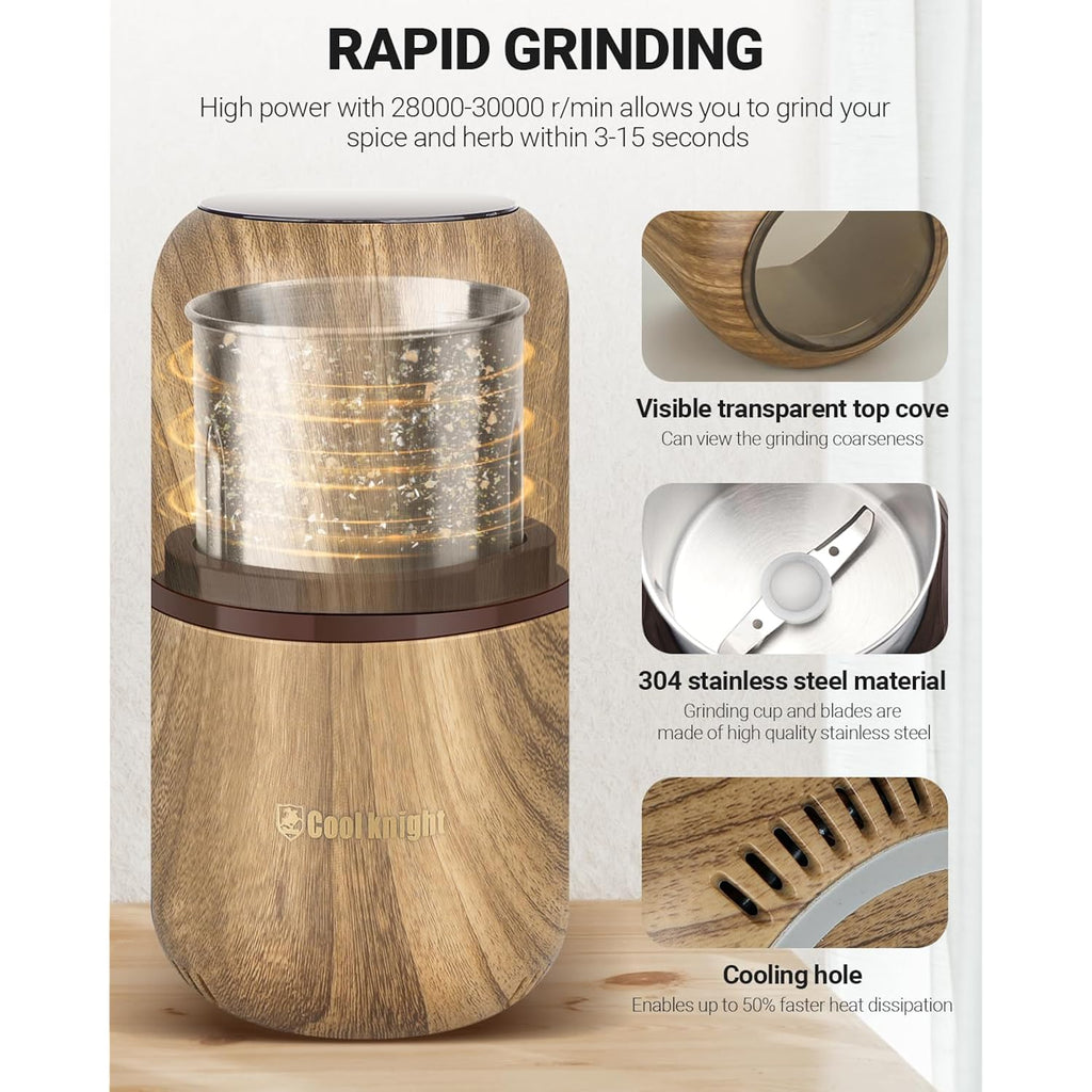 Cool Knight Electric Herb Grinder [Large Capacity/High Rotating Speed]-Electric Grinder For Spices And Herbs (Wood Grain 2)