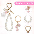 Piriuuo 2 Pcs Cute Pearl Keychains for Women, Flower Keychain Kit Imitation Pearl Chain Key Chain Golden Car Key Chain Flower Keychain Charm for Girls Purse Bag Accessories